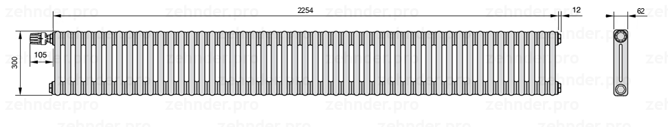 Схема (чертеж) Радиатор Zehnder Charleston 2030/49 №V012 Белый глянцевый RAL 9016